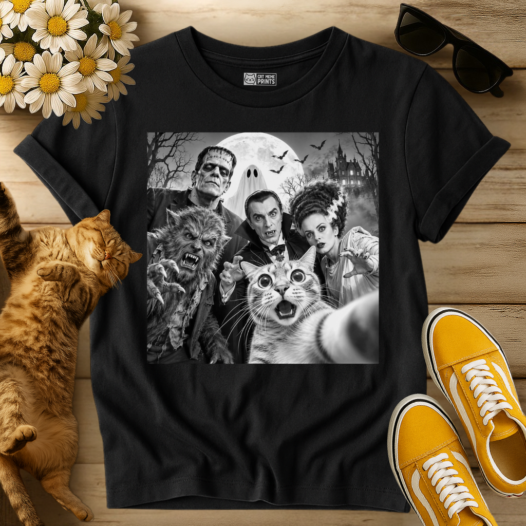 Cat Selfie with Horror Movie Monsters T-Shirt