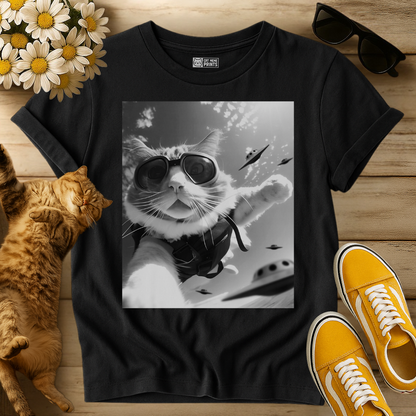 Skydiving Cat Selfie with Alien UFOs T-Shirt