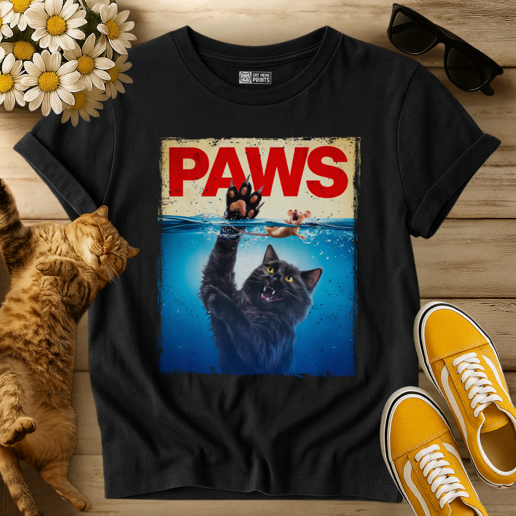 Paws Black Cat Chasing Scared Mouse T-Shirt