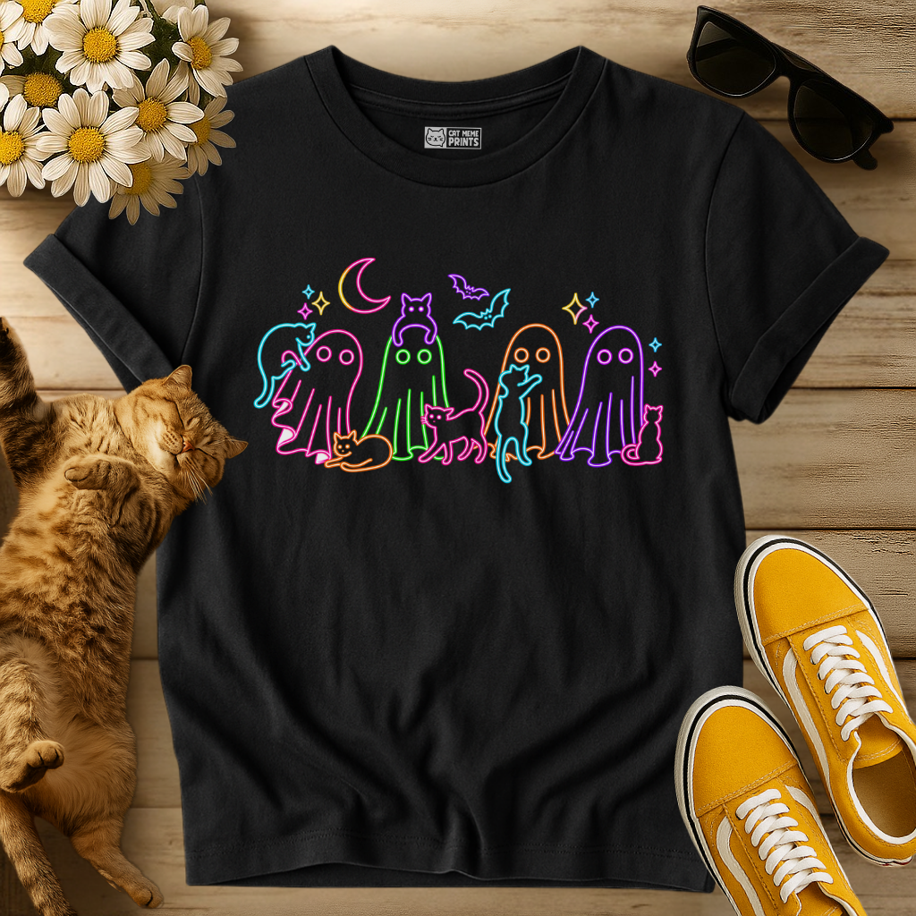 Neon Halloween Ghosts Cats T-Shirt