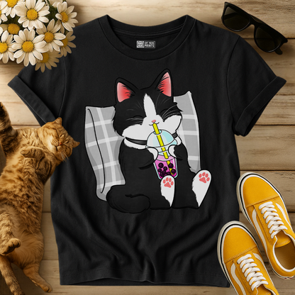 Tuxedo Cat Drinking Boba Milk Tea T-Shirt