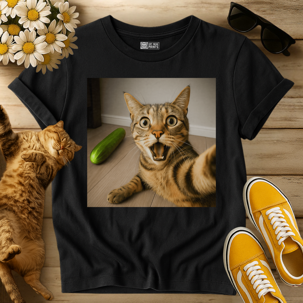 Shocked Cat Selfie With Cucumber T-Shirt