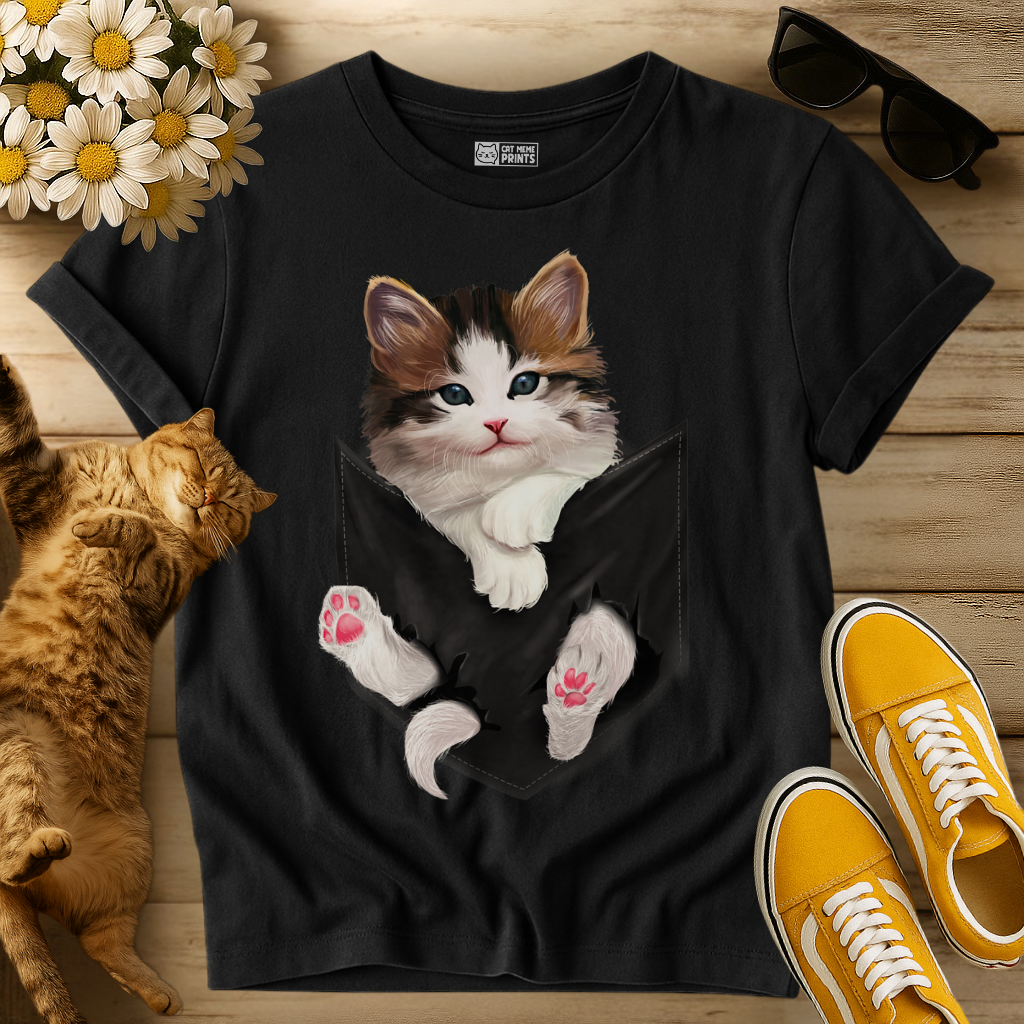 Cute White Kitty in Pocket T-Shirt