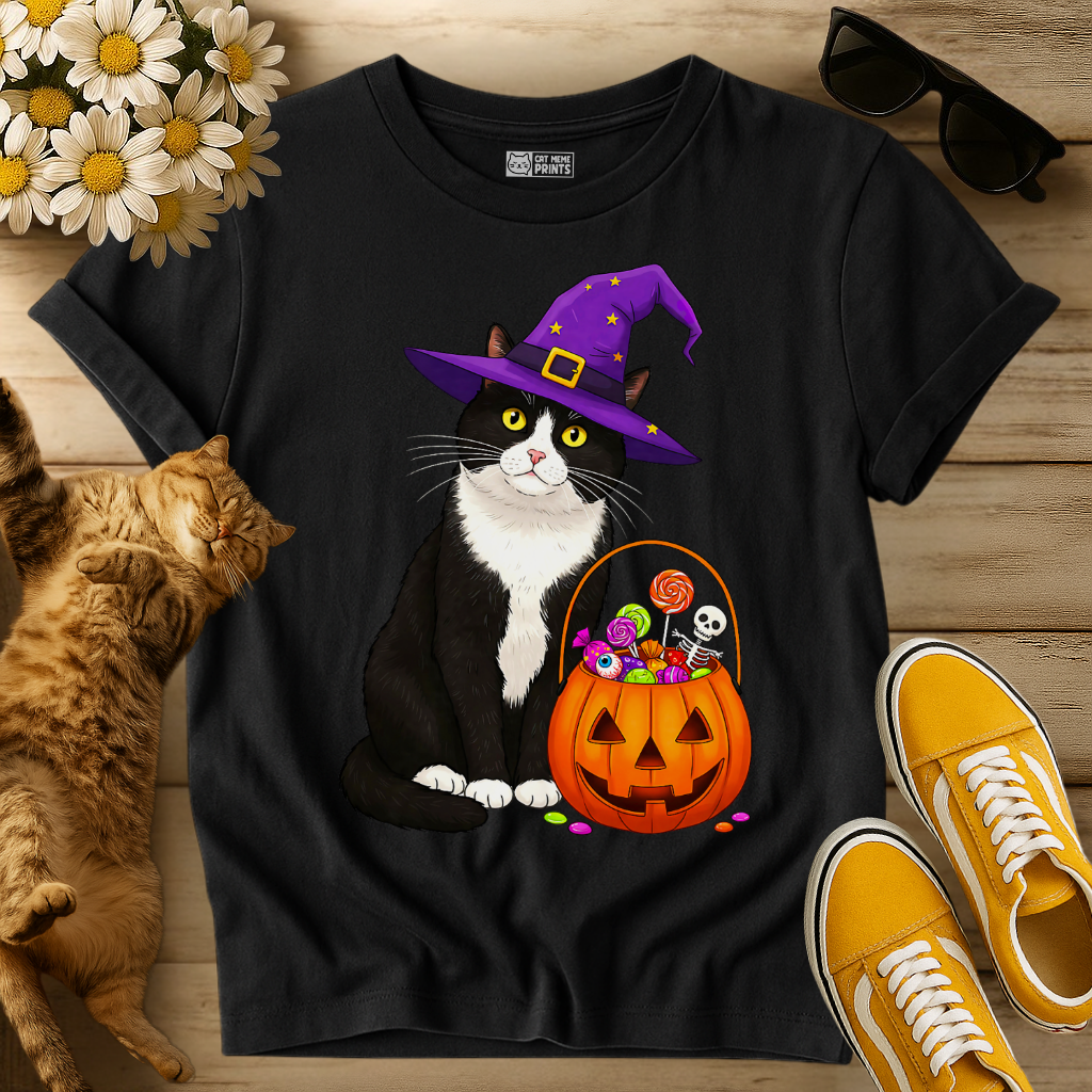 Witch Cat with Pumpkin Candy Basket T-Shirt