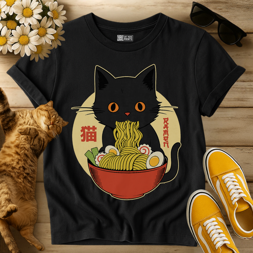Kawaii Cat Eating Ramen Noodles T-Shirt