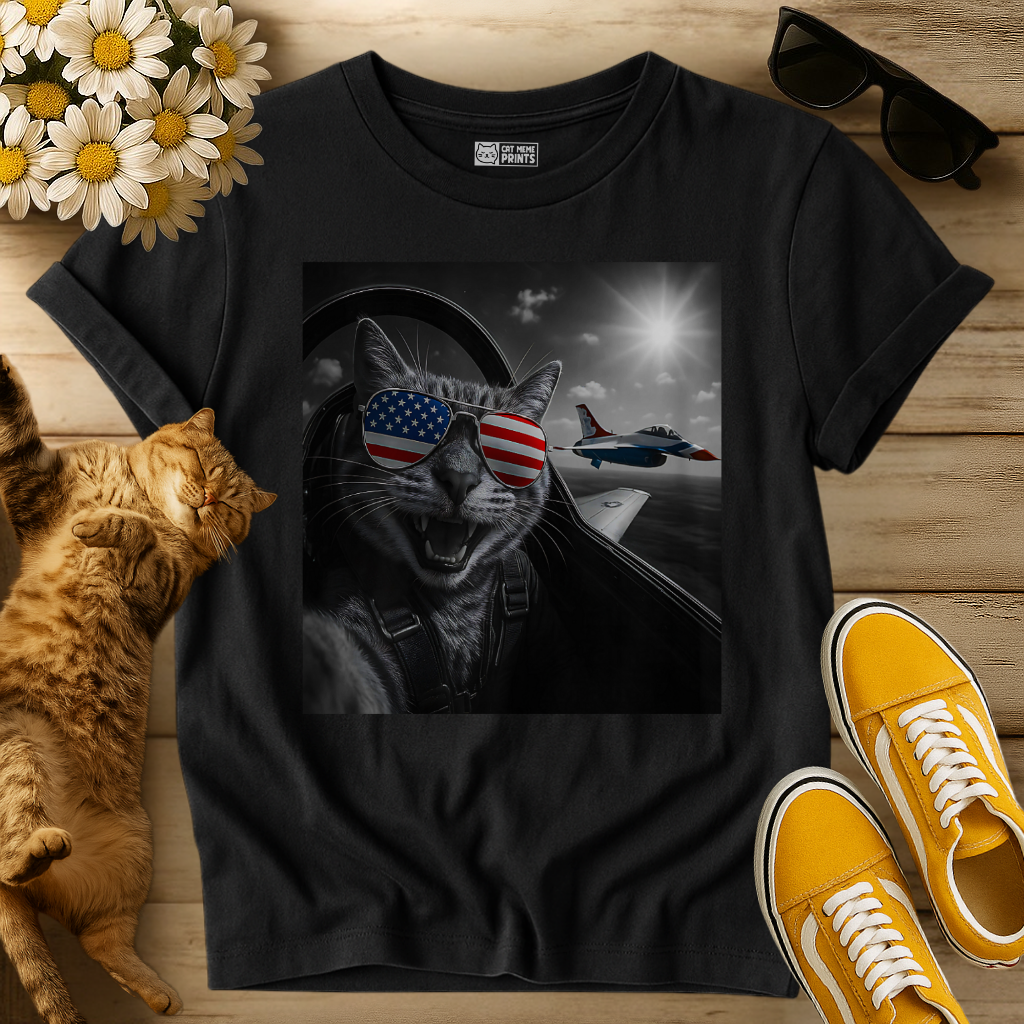 American Cat Takes a Selfie with Jet T-Shirt