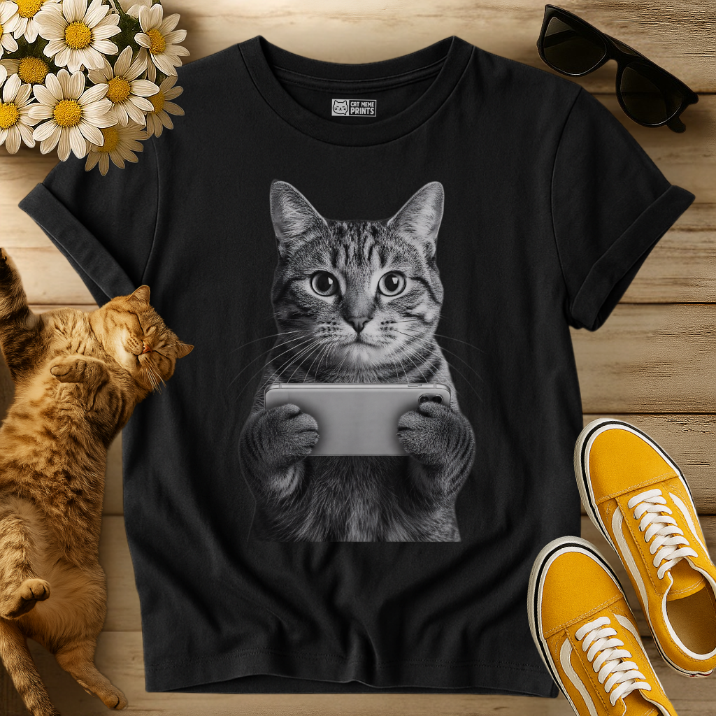 Tabby Cat Holding a Phone T-Shirt