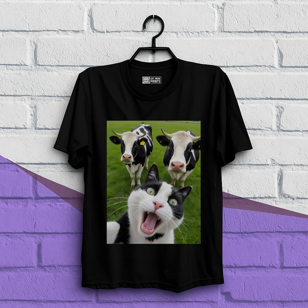 Cat Selfie With Black And White Cow T-Shirt