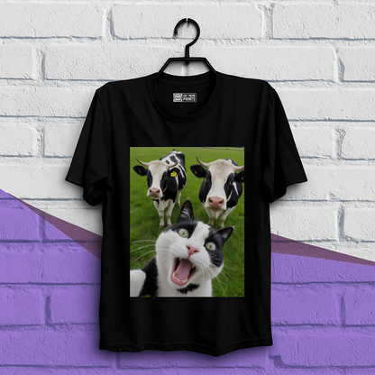 Cat Selfie With Black And White Cow T-Shirt