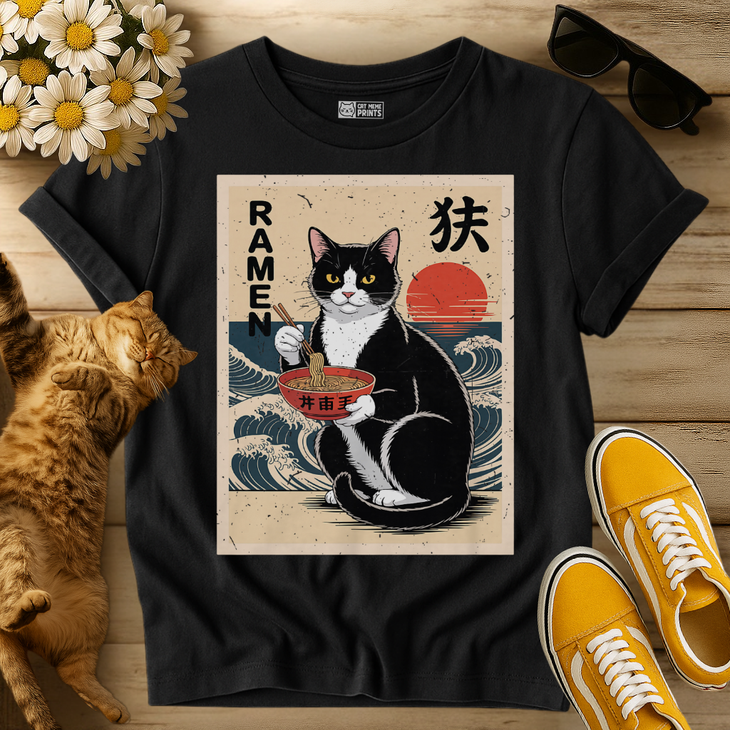 Tuxedo Cat Eating Ramen Kawaii T-Shirt