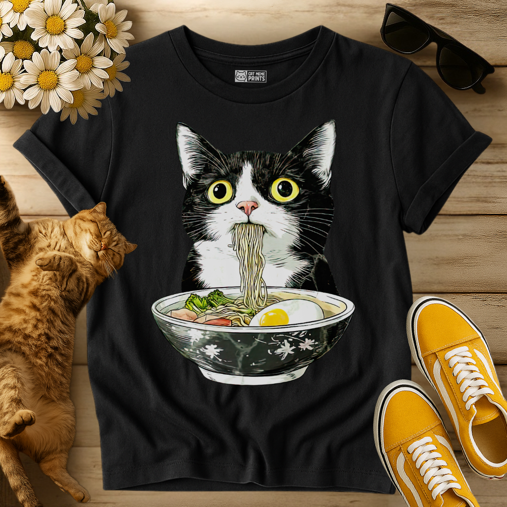 Tuxedo Cat Japanese Eating Ramen T-Shirt
