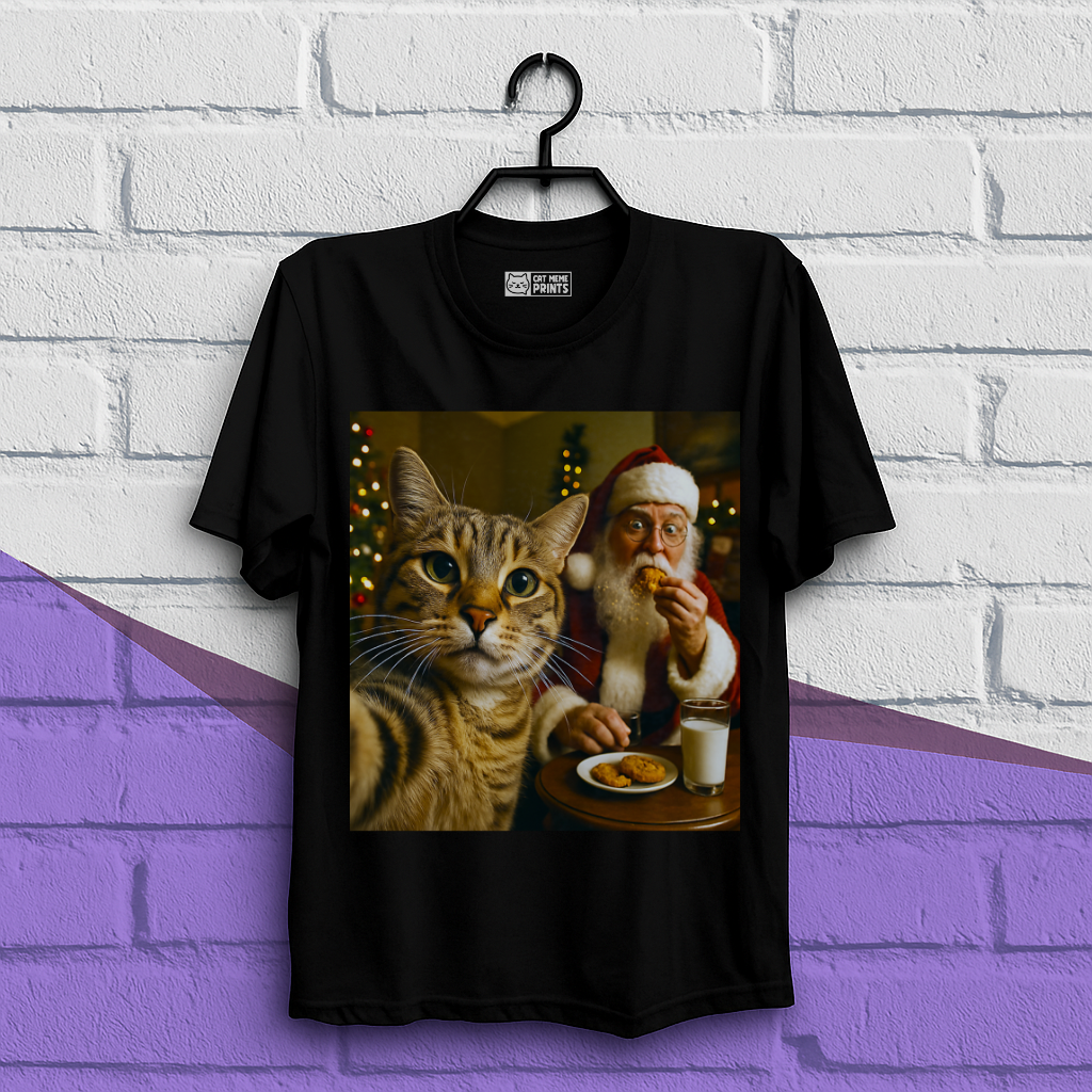 Cat Selfie with Santa Claus Eating Christmas T-Shirt