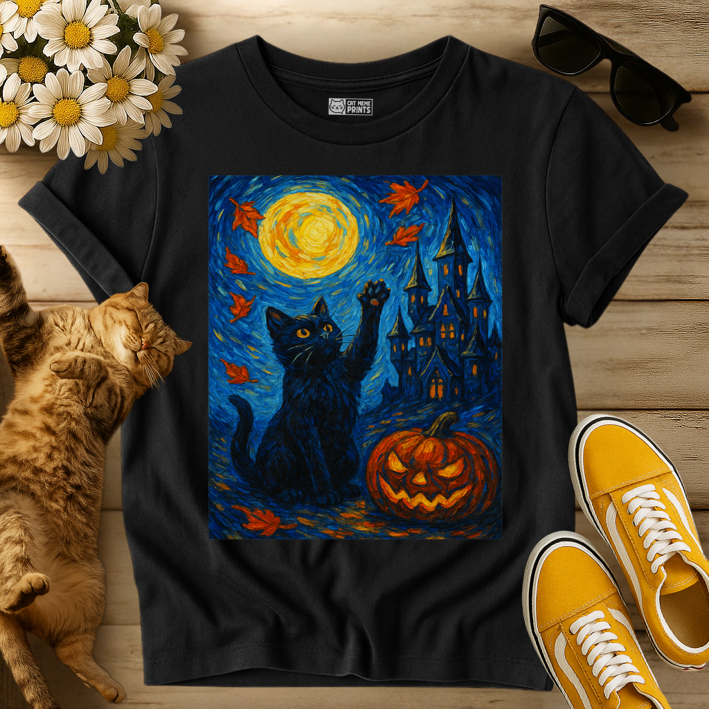 Black Cat Van Gogh Starry Night Halloween T-Shirt