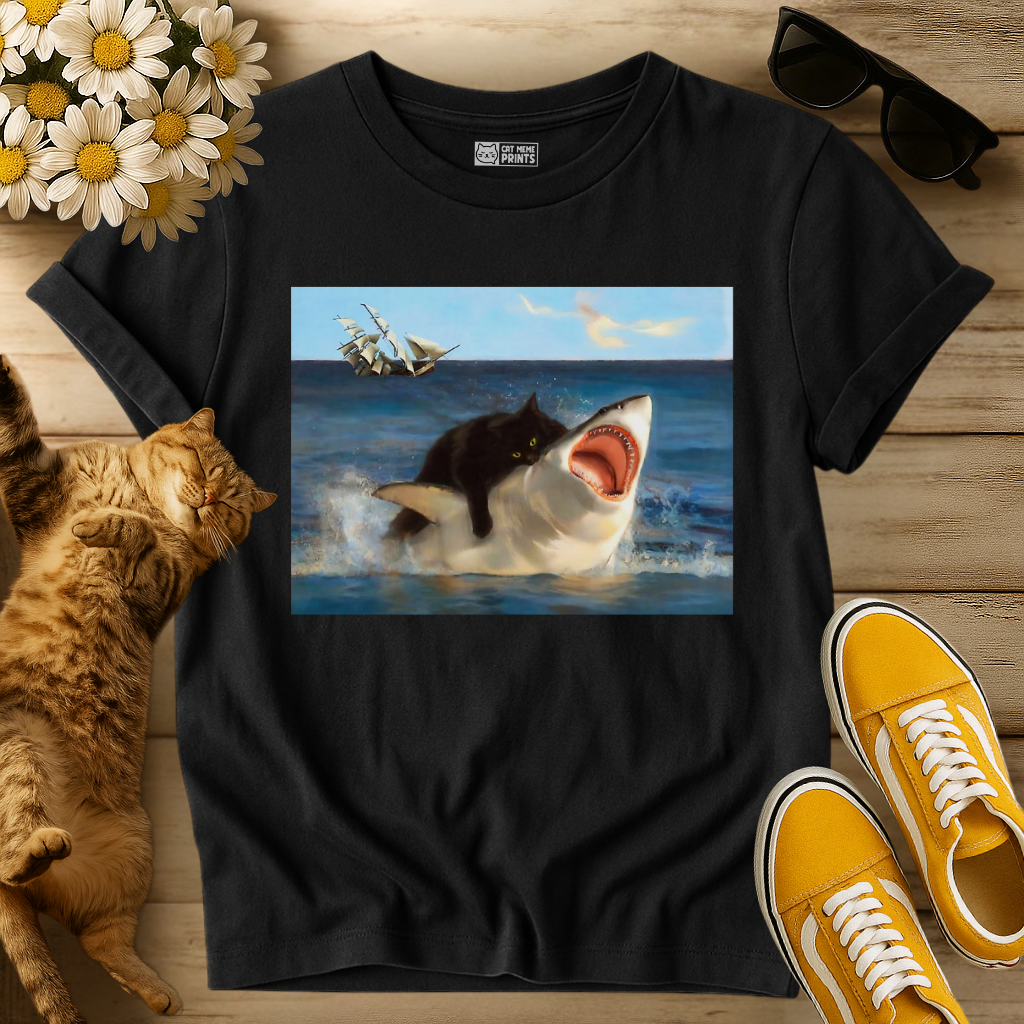 Black Cat Riding Shark Ocean Selfie T-Shirt