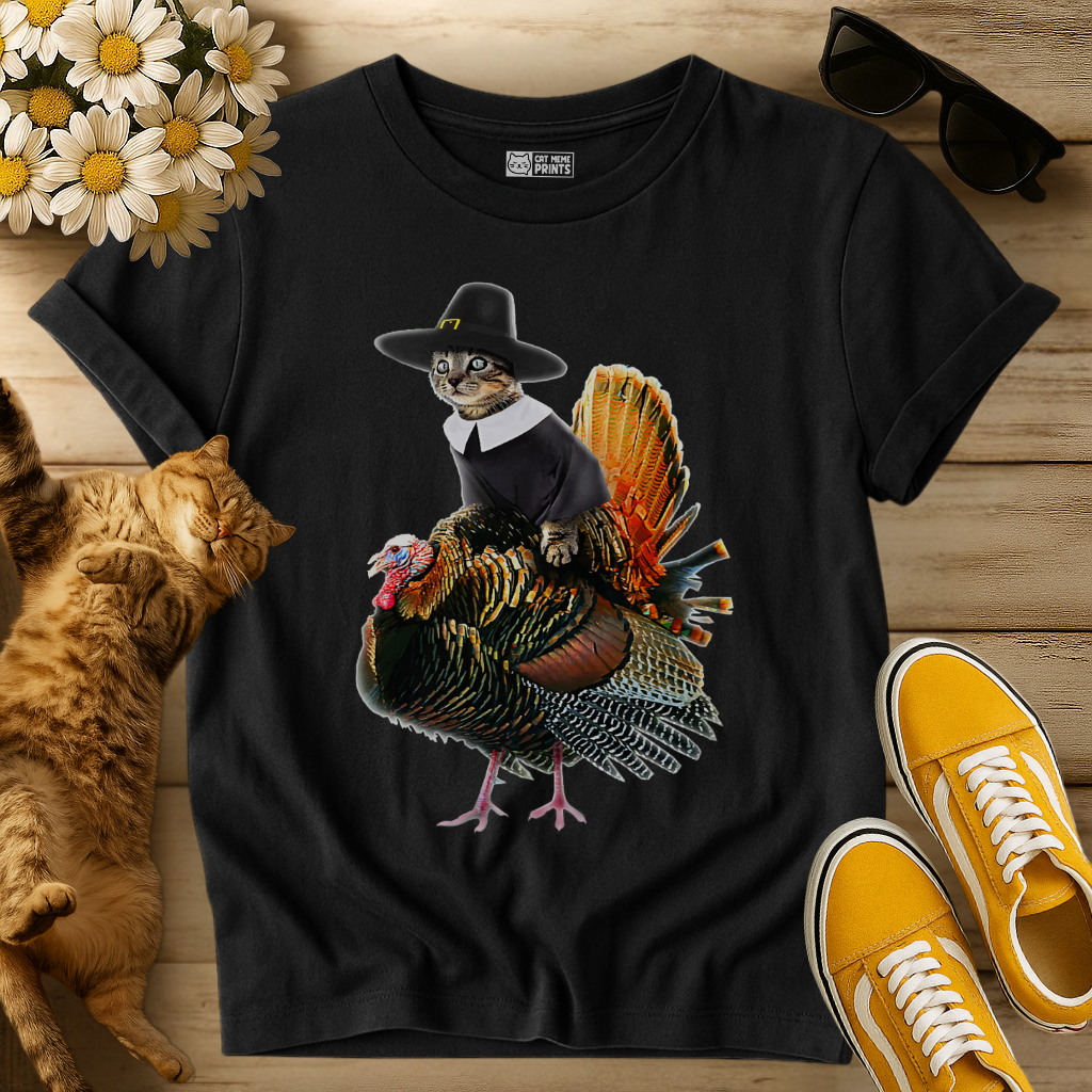 Cat Pilgrim Riding Turkey Thanksgiving T-Shirt