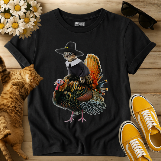 Cat Pilgrim Riding Turkey Thanksgiving T-Shirt
