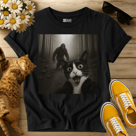 Tuxedo Cat Selfie with Bigfoot T-Shirt