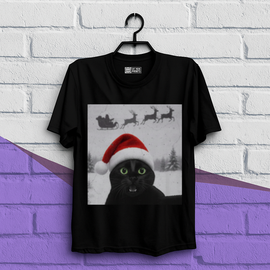 Black Cat Selfie with Santa Sleigh Christmas T-Shirt
