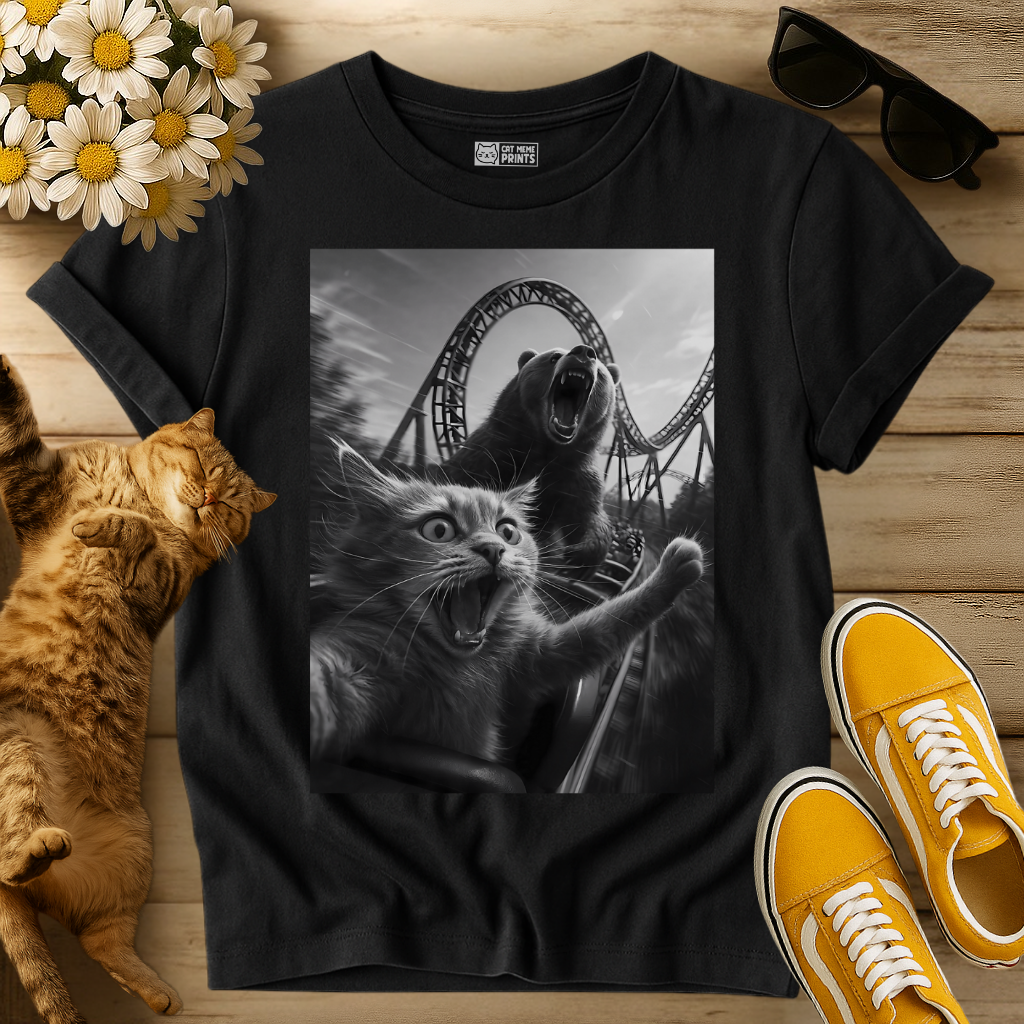 Cat Selfie with a Bear on a Roller Coaster T-Shirt