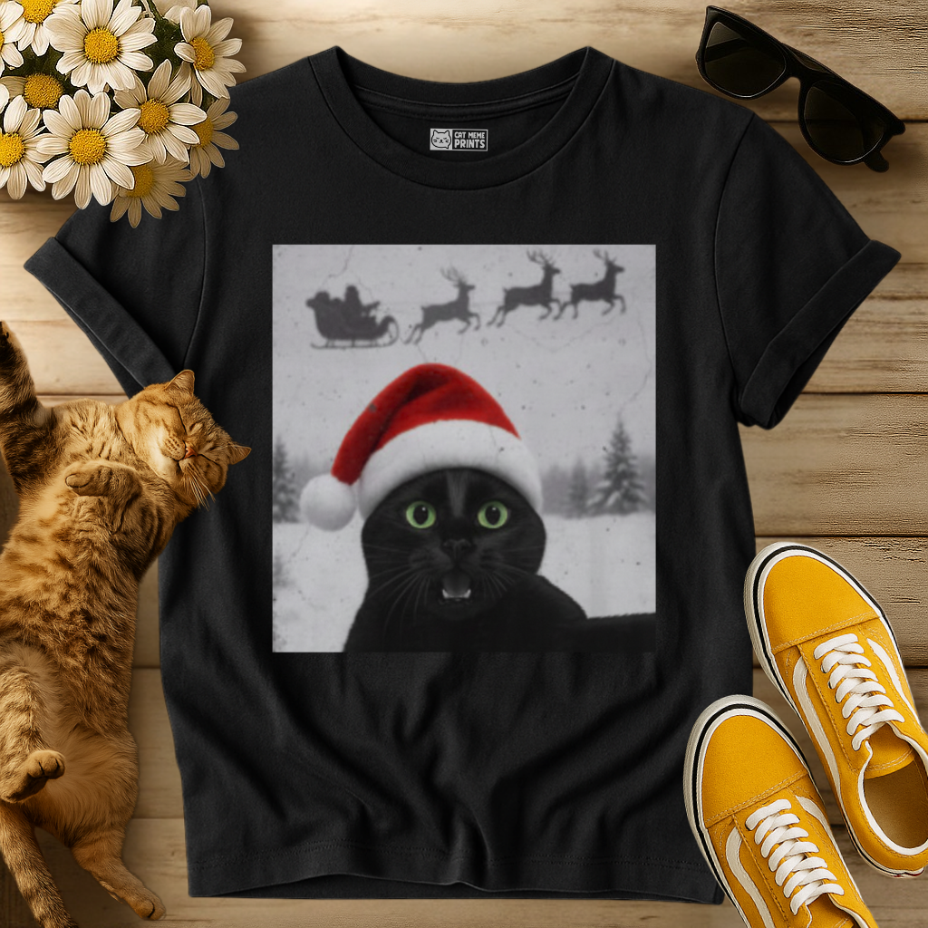 Black Cat Selfie with Santa Sleigh T-Shirt
