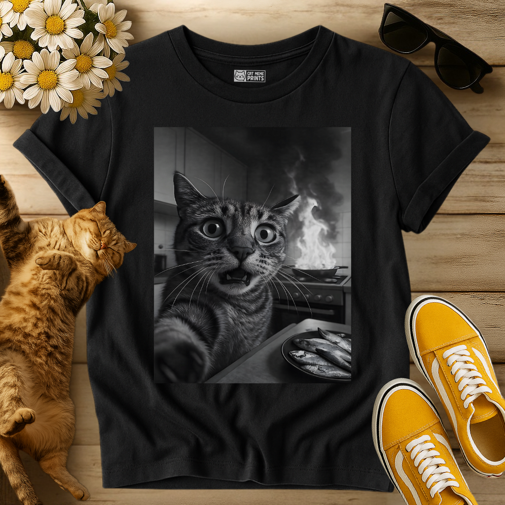 Cat Selfie with Burning Kitchen T-Shirt