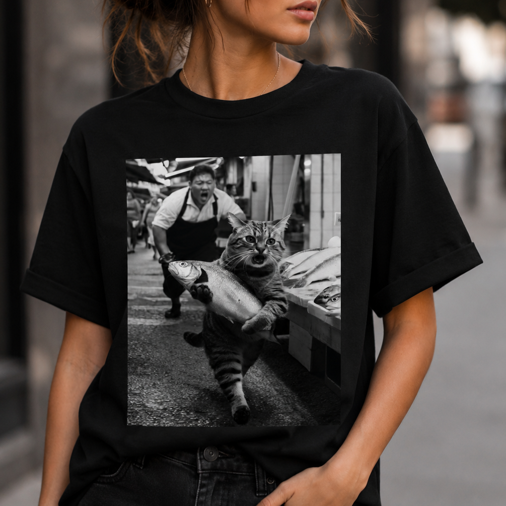 Cat Steals Fish at the Market T-Shirt