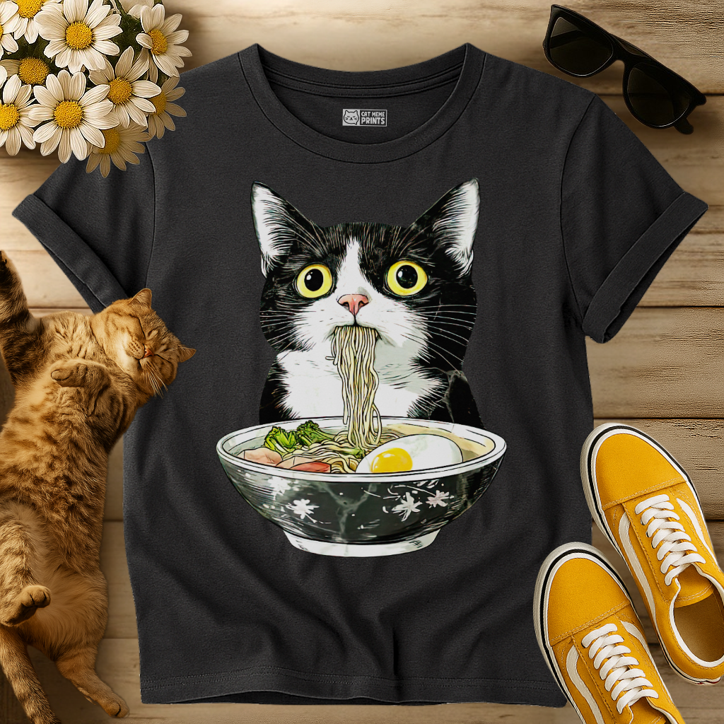 Tuxedo Cat Japanese Eating Ramen T-Shirt