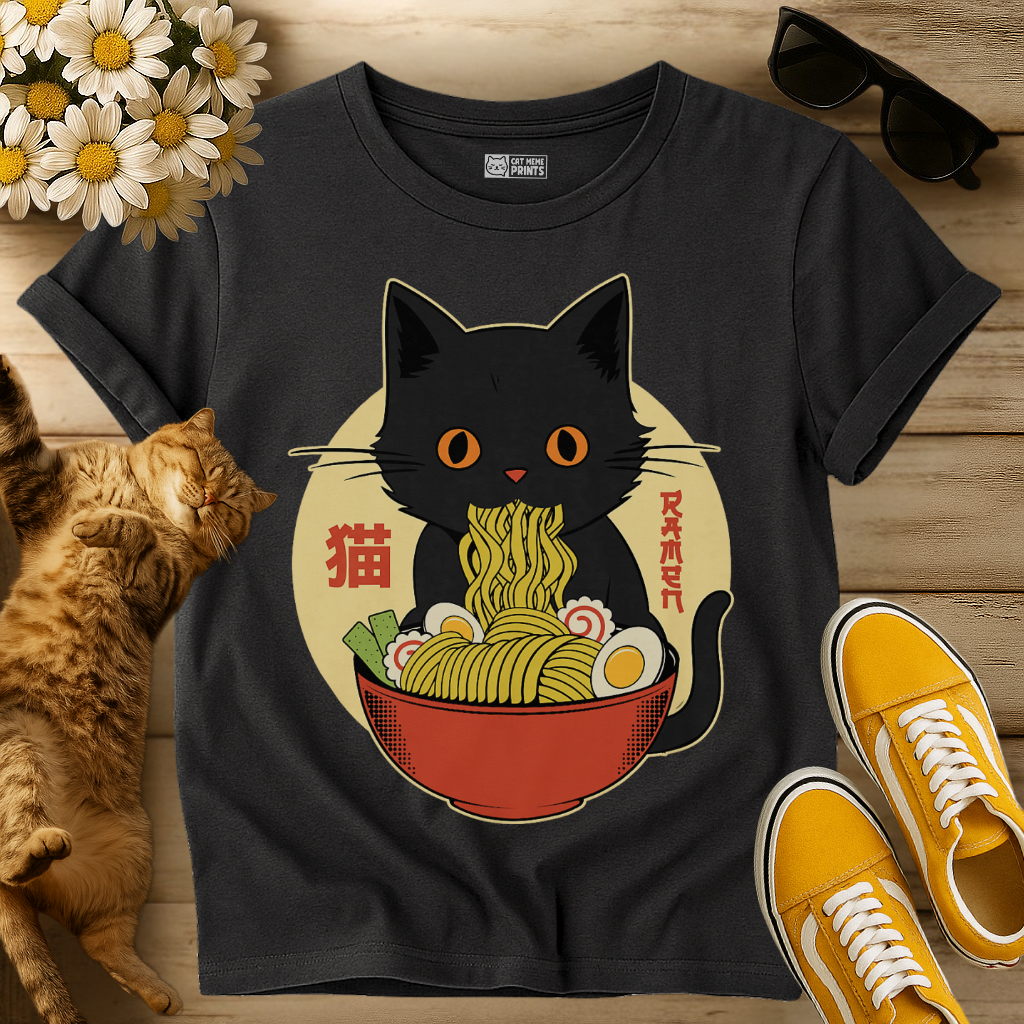 Kawaii Cat Eating Ramen Noodles T-Shirt