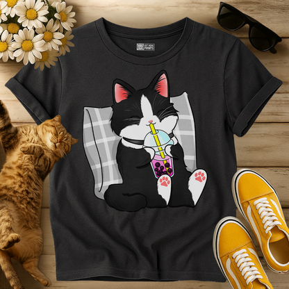 Tuxedo Cat Drinking Boba Milk Tea T-Shirt
