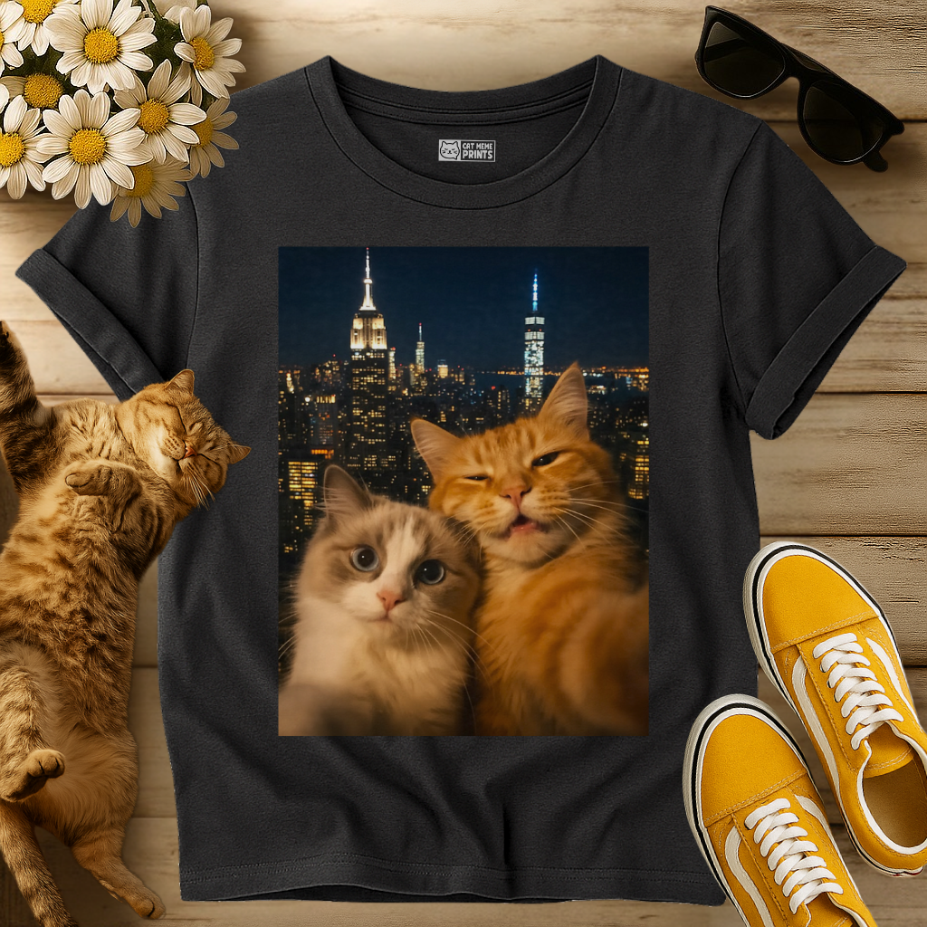 Cute Couple Cats Selfie City Lights T-Shirt