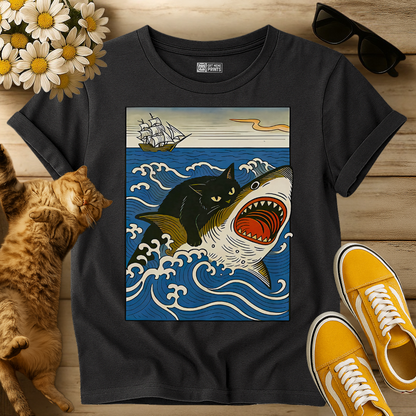 Black Cat Hunting Shark T-Shirt