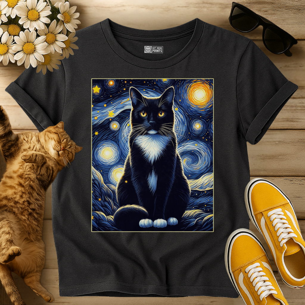 Tuxedo Cat Starry Night T-Shirt