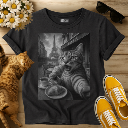 Paris Cat Selfie Eating Croissant by Eiffel Tower T-Shirt