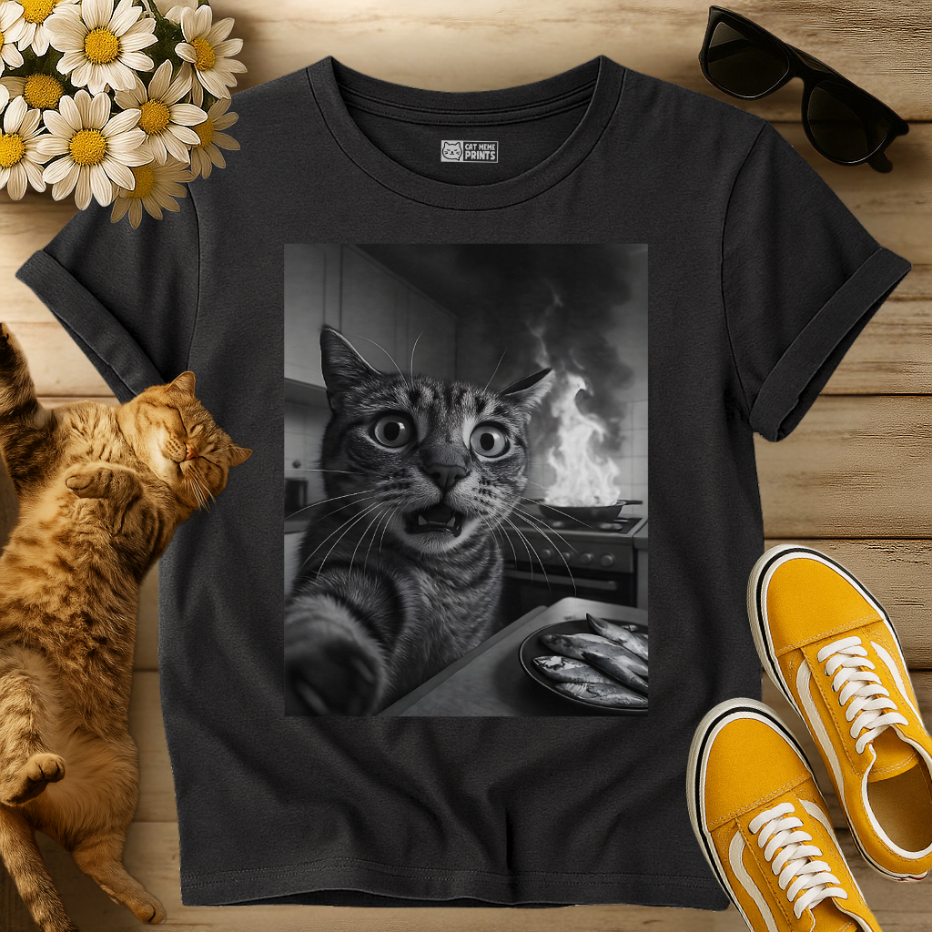 Cat Selfie with Burning Kitchen T-Shirt
