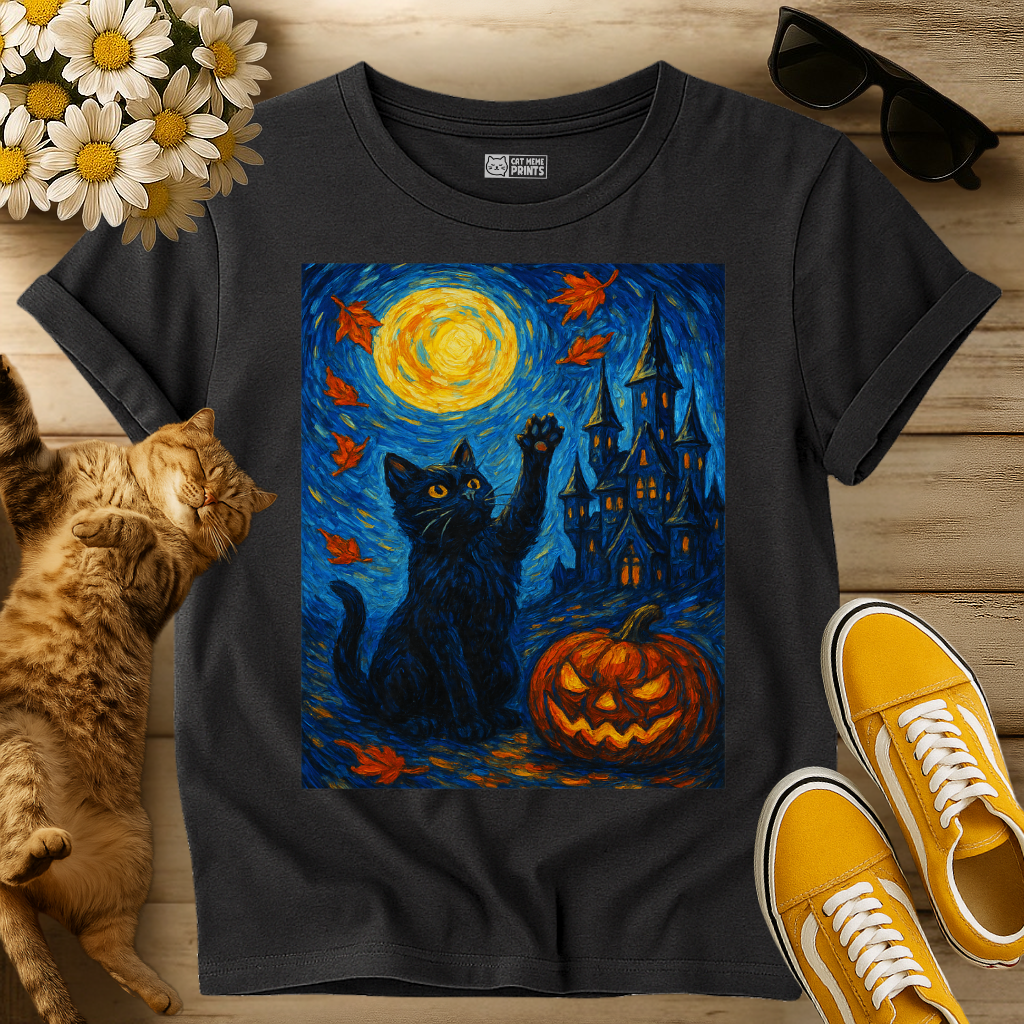 Black Cat Van Gogh Starry Night Halloween T-Shirt