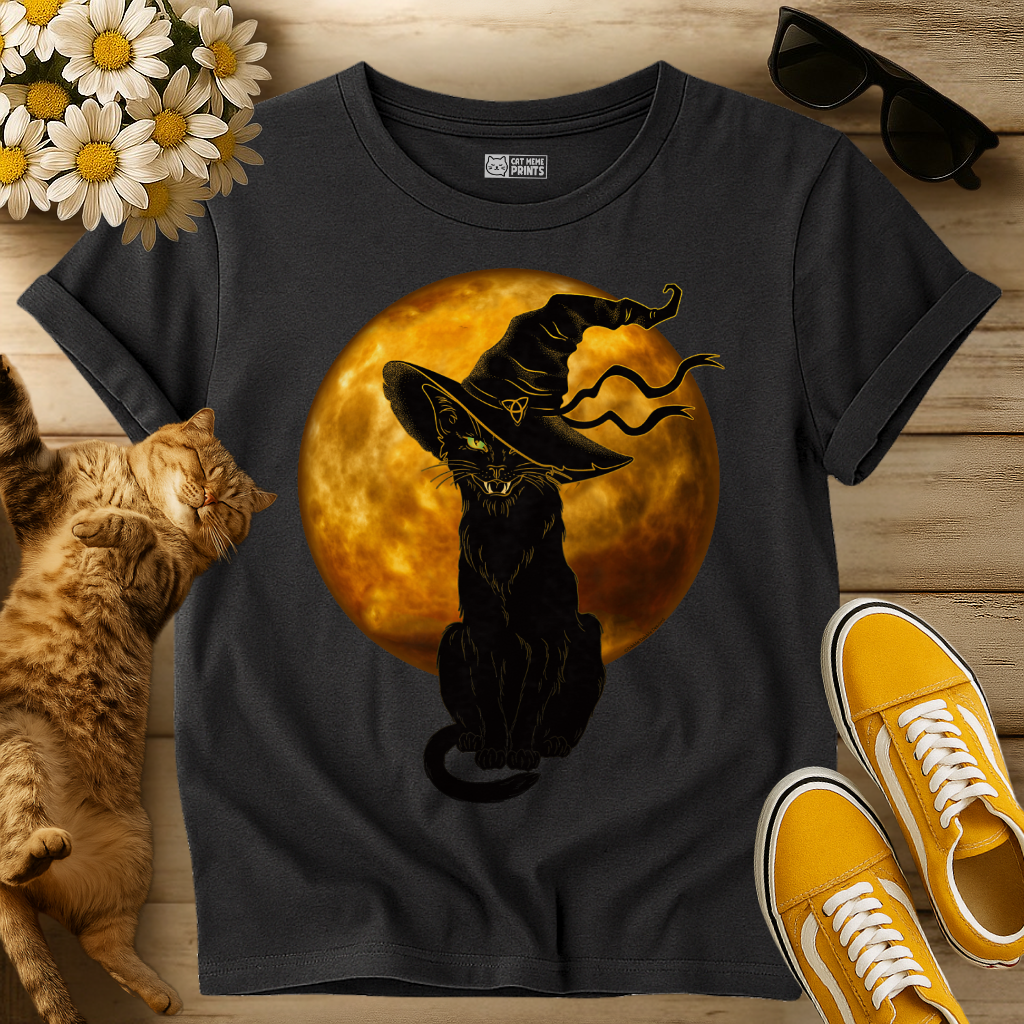 Scary Black Cat Witch Hat Moon T-Shirt
