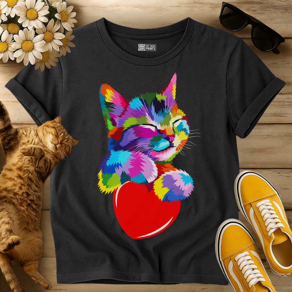 Cute Kitty Hugging Heart Rainbow T-Shirt