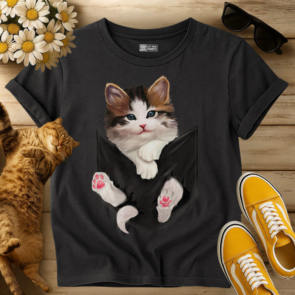 Cute White Kitty in Pocket T-Shirt