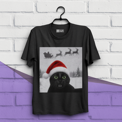 Black Cat Selfie with Santa Sleigh Christmas T-Shirt