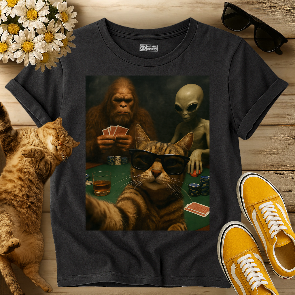 Cat Poker Selfie Bigfoot & Alien T-Shirt