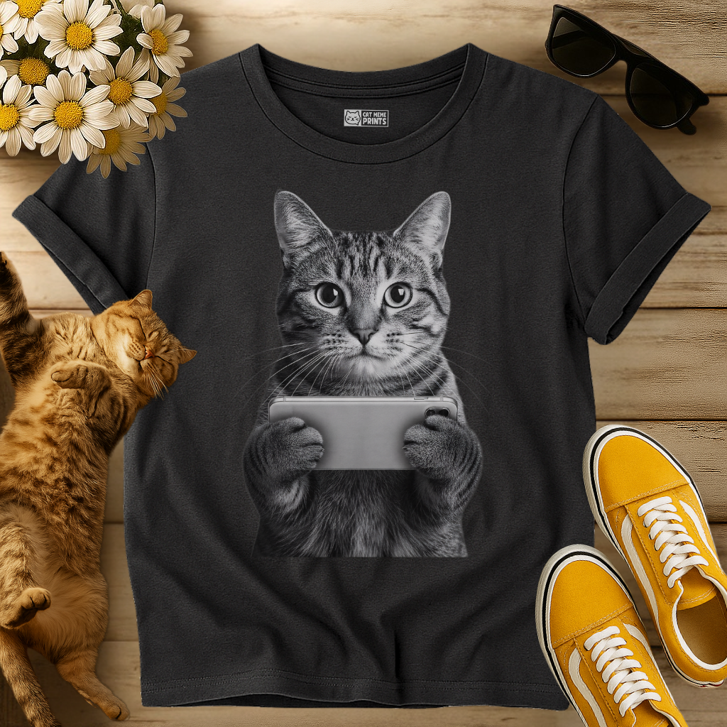 Tabby Cat Holding a Phone T-Shirt
