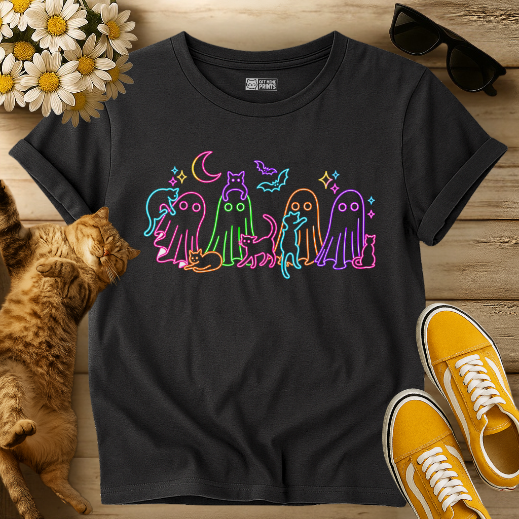 Neon Halloween Ghosts Cats T-Shirt