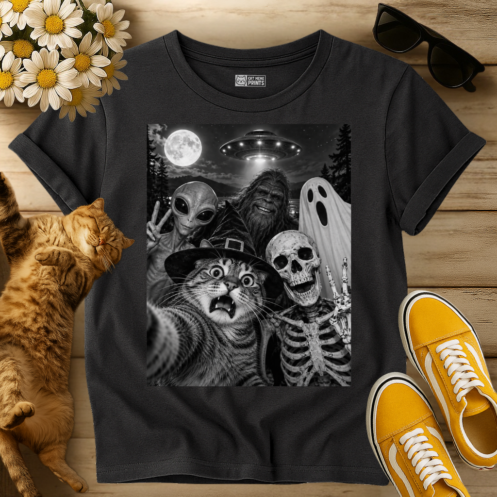 Cat Selfie Witch Skeleton Alien Bigfoot Ghost UFO T-Shirt