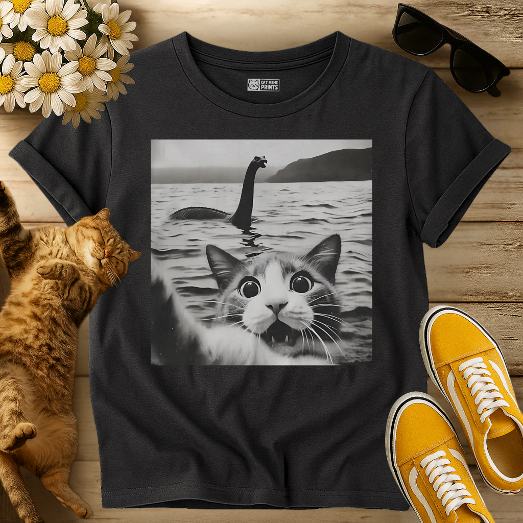 Cat Selfie with Loch Ness Monster T-Shirt