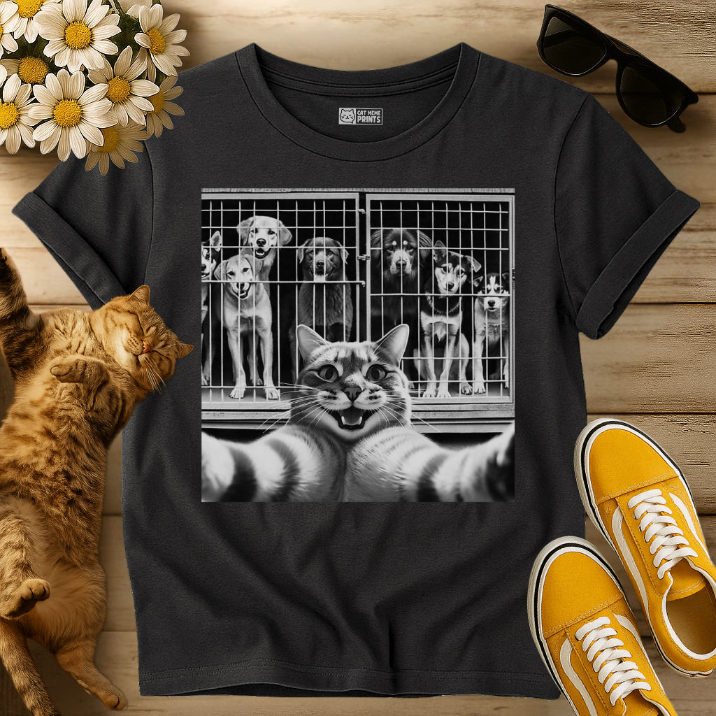 Cat Selfie with Dogs in a Cage T-Shirt