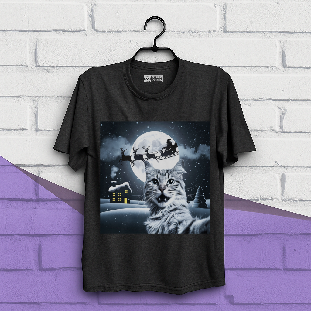 Cat Selfie with Santa Sleigh Christmas T-Shirt
