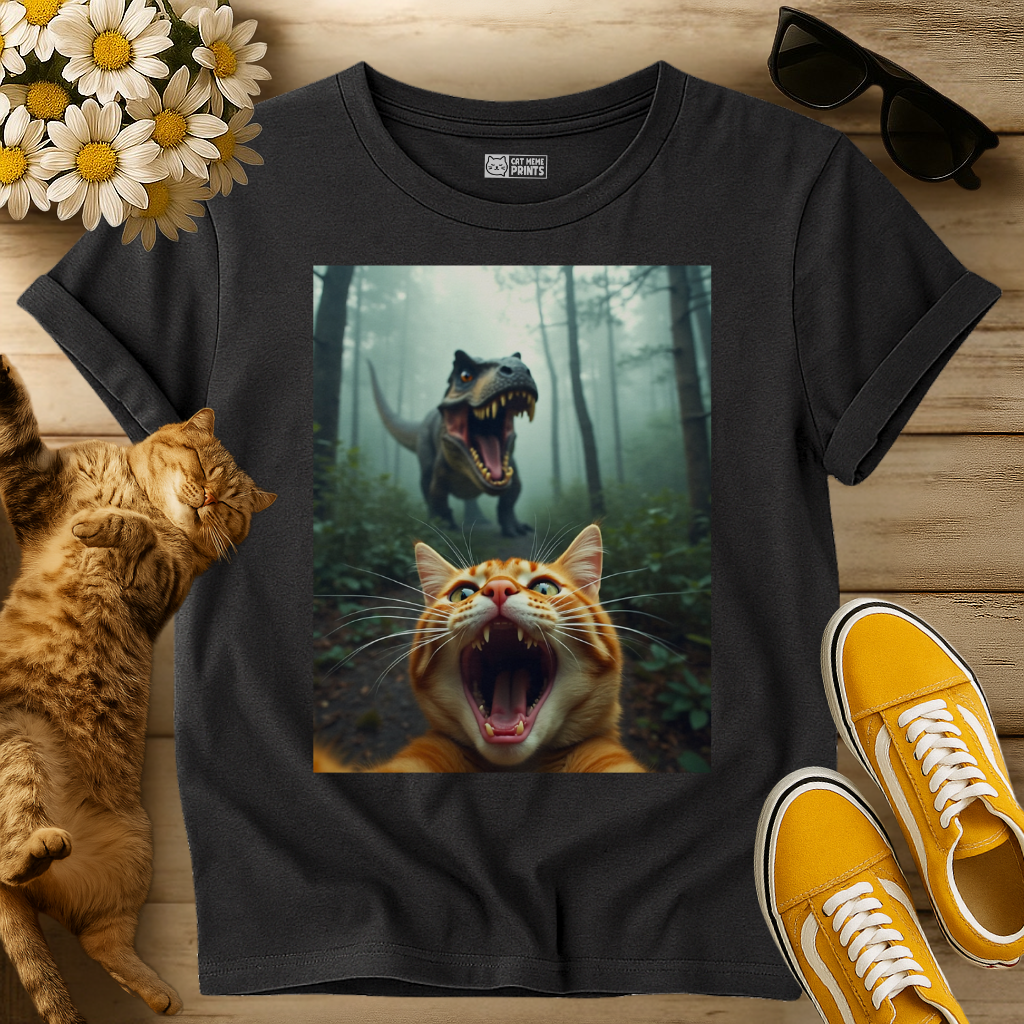 Cat Selfie With T-Rex Dinosaur T-Shirt