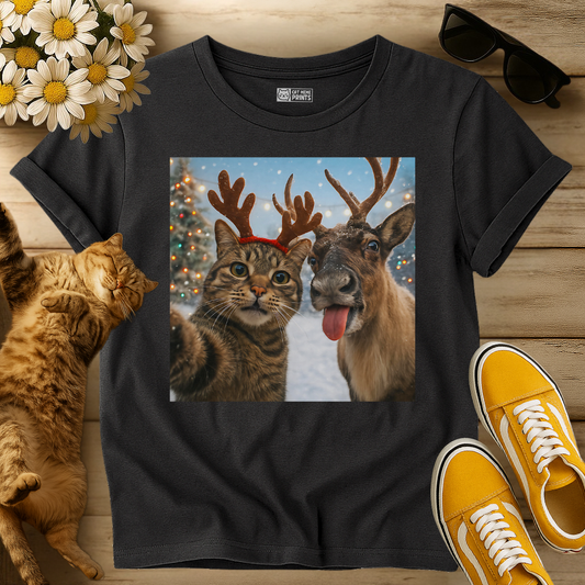 Cat Selfie With Reindeer T-Shirt