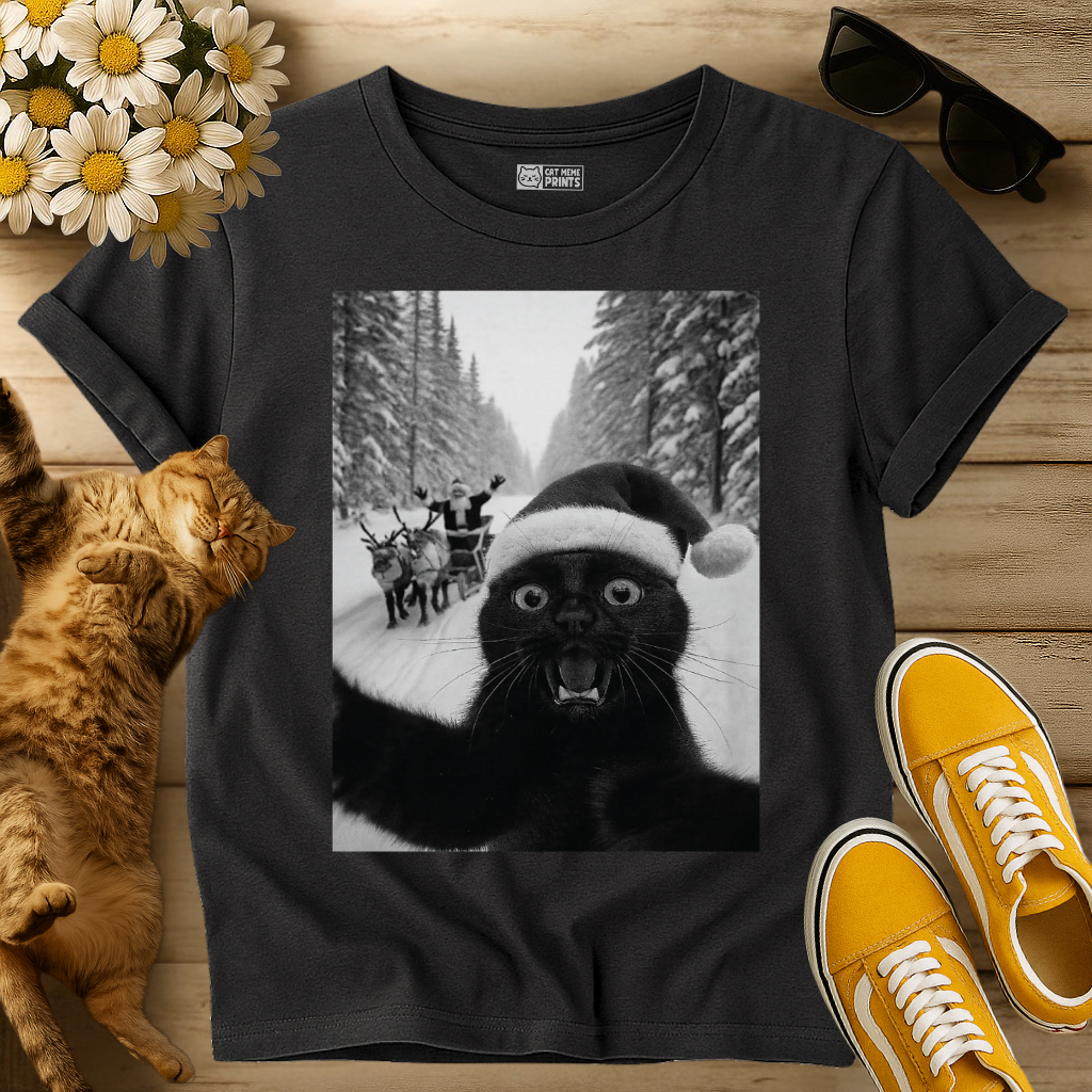 Black Cat Selfie with Santa T-Shirt