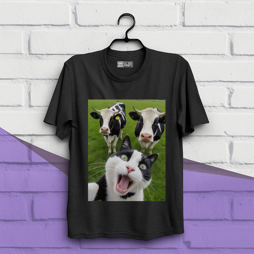 Cat Selfie With Black And White Cow T-Shirt